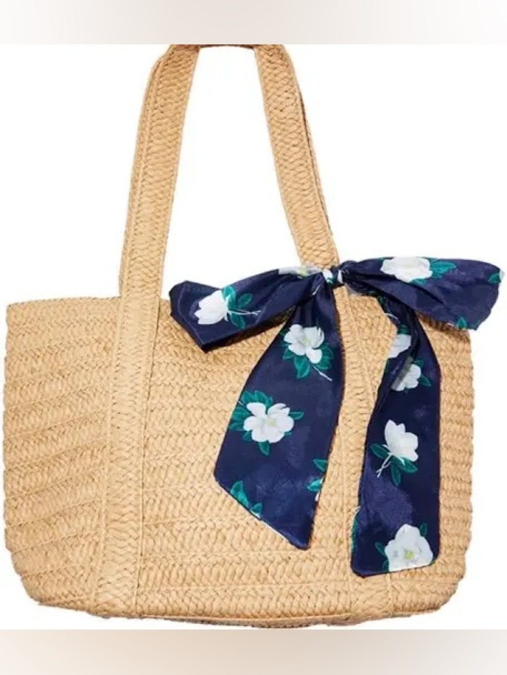 Draper James | Woven Straw Tote Bag with Navy Floral Scarf Bow | NWT | OS